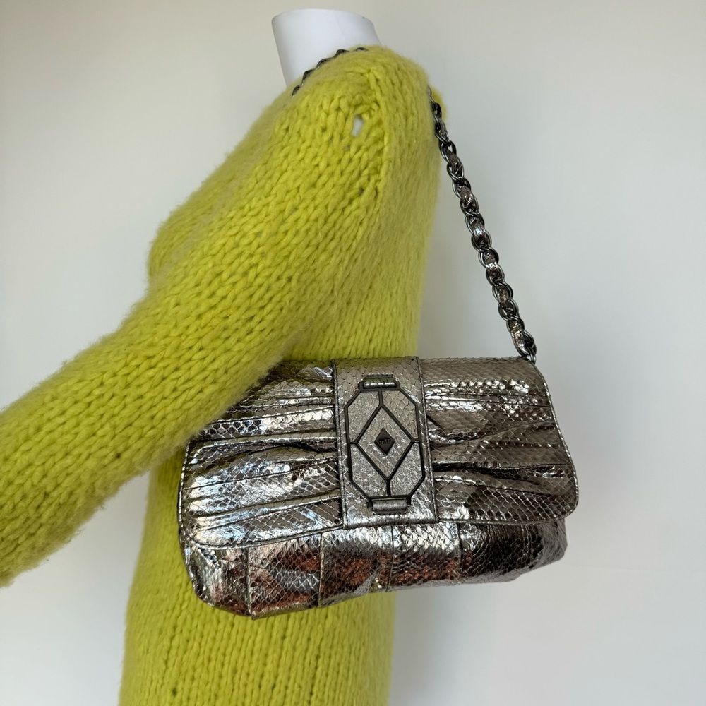 RAFE New York Shoulder Bag Chain Genuine Python Snake Skin Metallic Silver